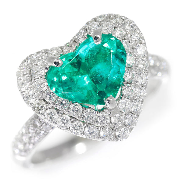 GIA Certified Colombian Emerald Heart Ring with Diamonds 18K