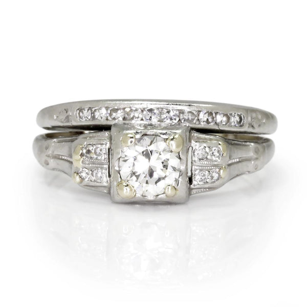 Art Deco Round Diamond Engagement Ring Set Platinum