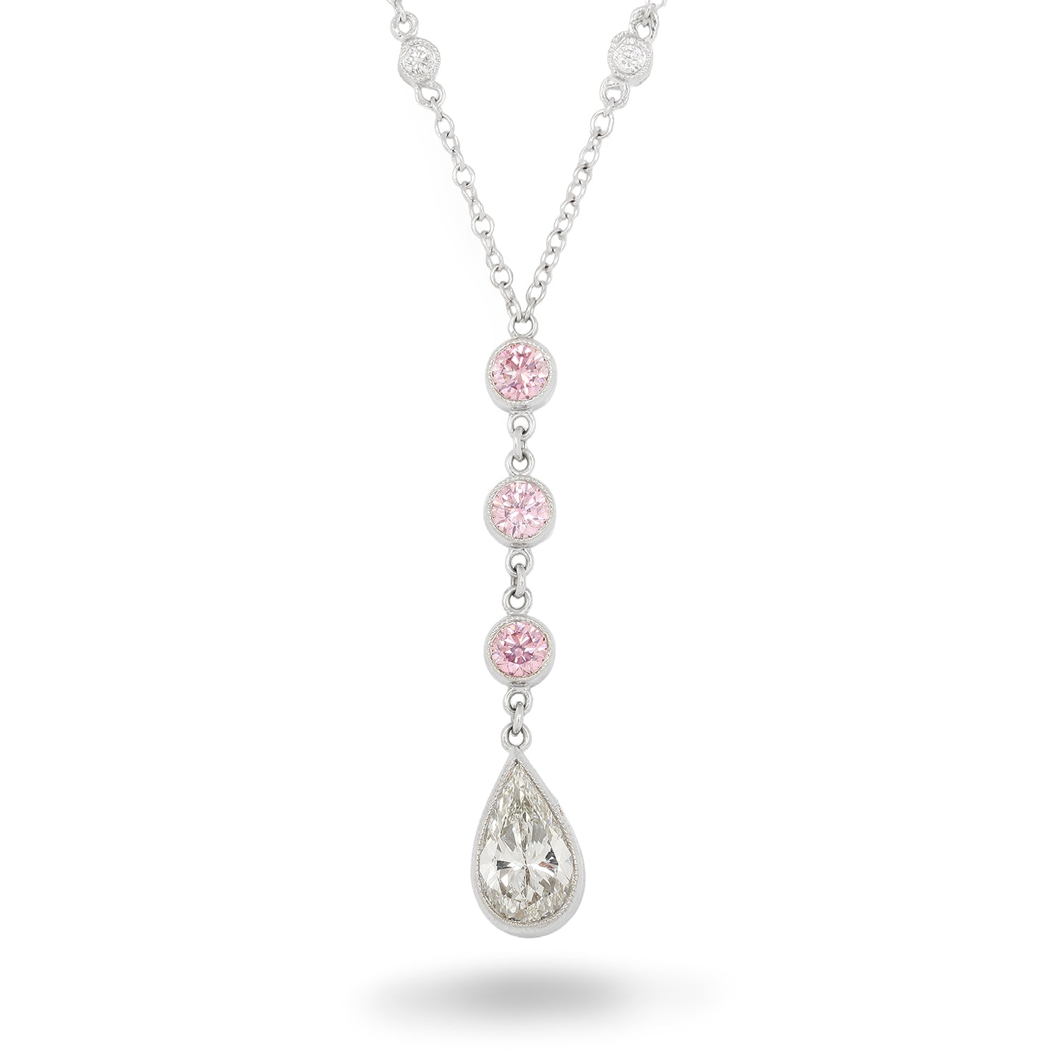 Pear Diamond Pendant Necklace with Pink Diamond Accents 18k White Gold
