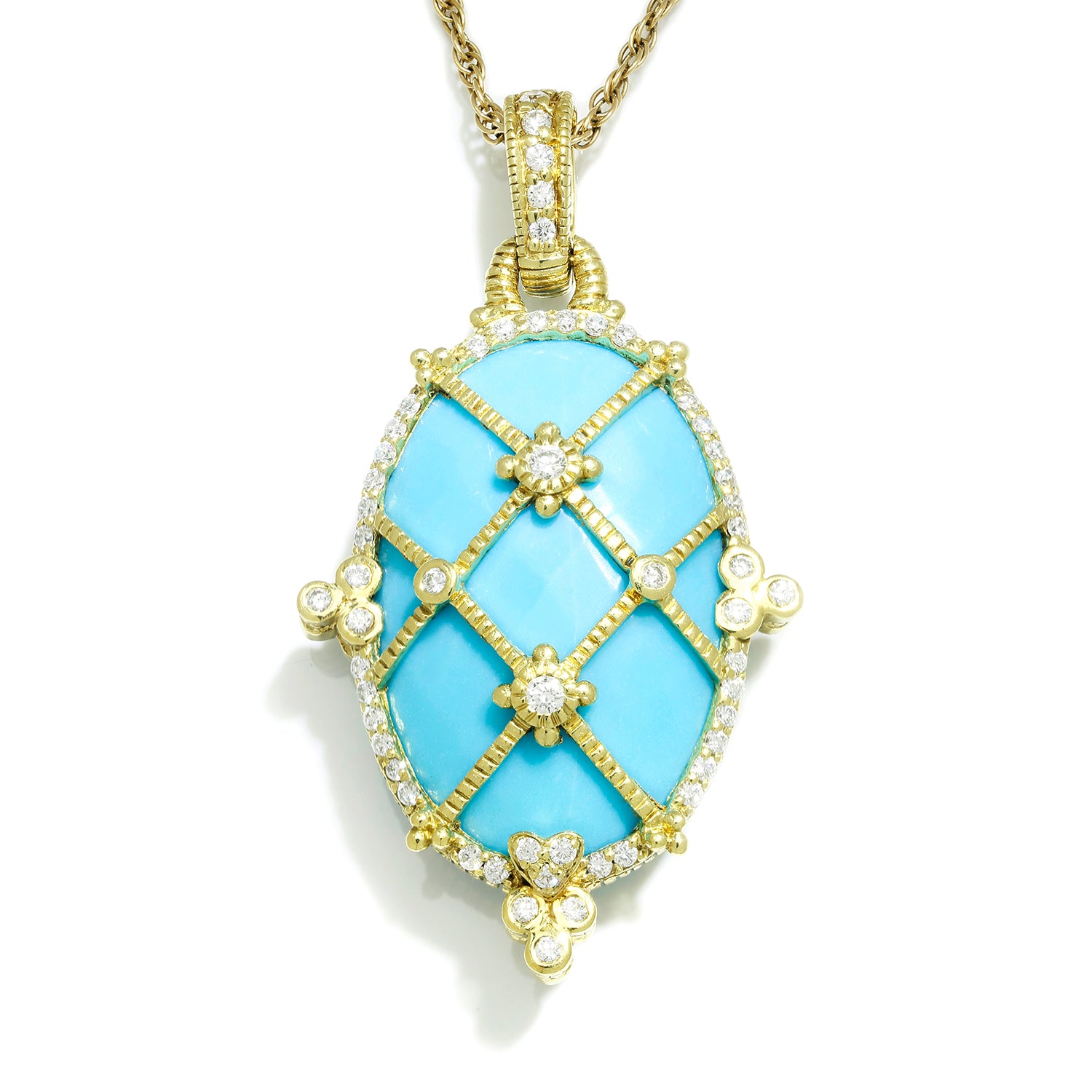 Judith Ripka Turquoise Pendant with Diamonds 18K Yellow Gold 2"