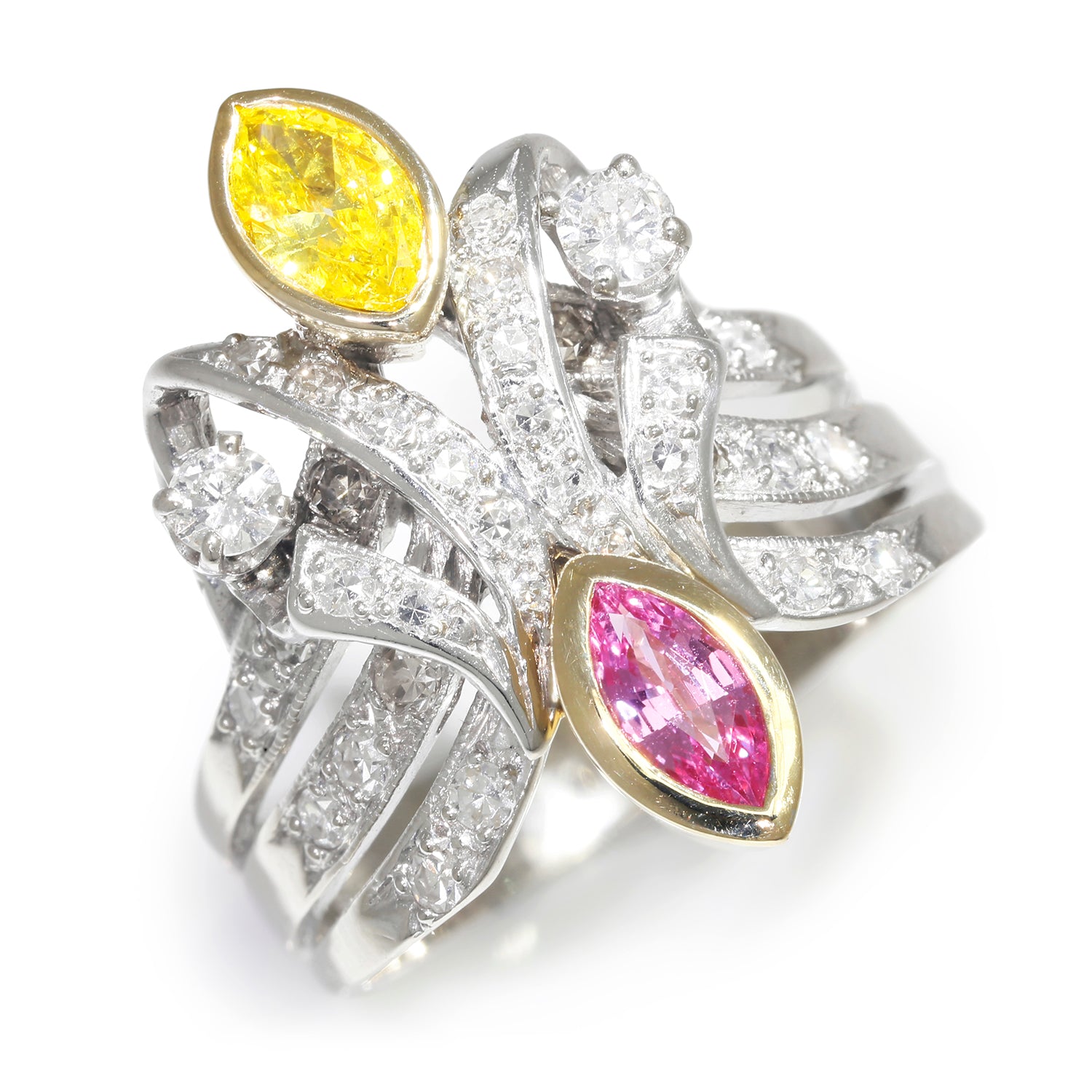 Yellow Diamond & Pink Sapphire Ring with Accents 14K Two-Tone Gold
