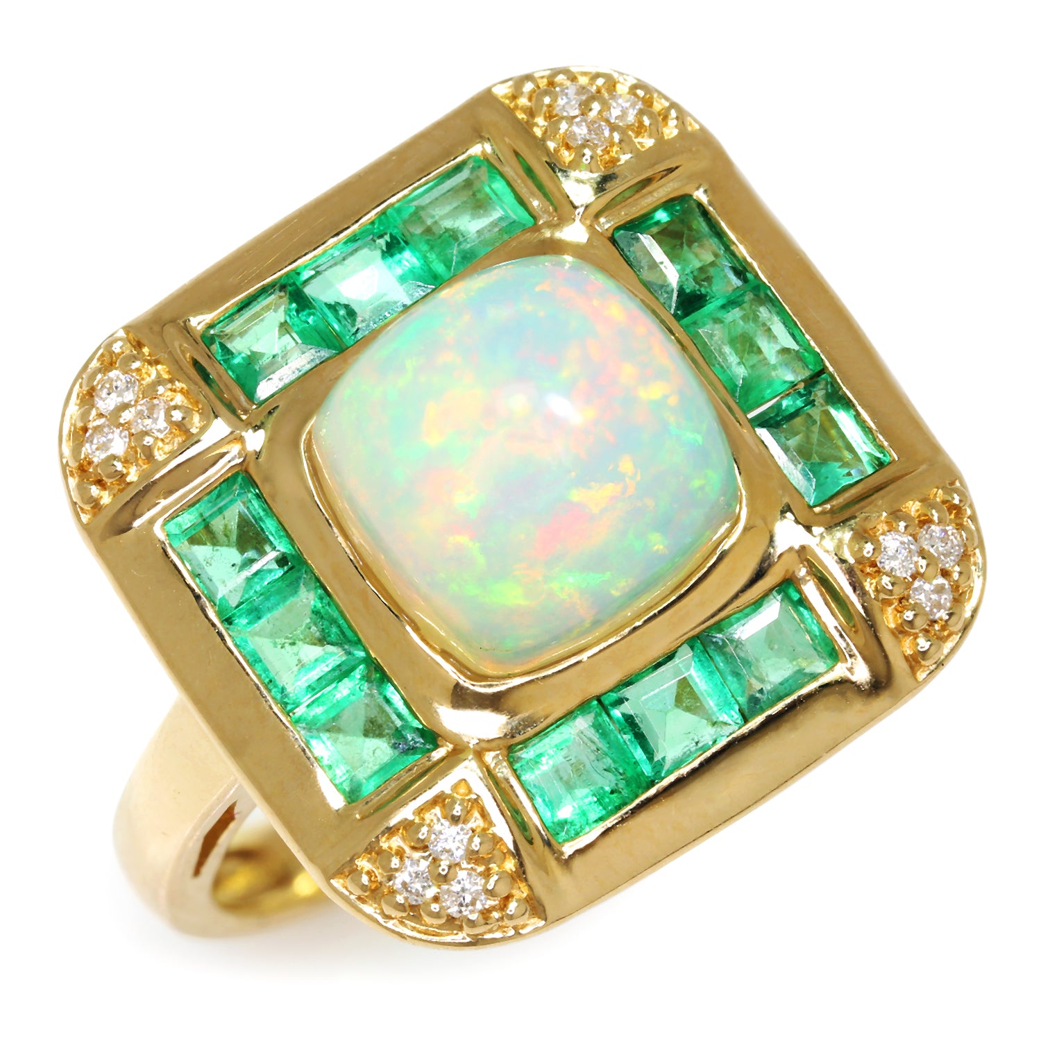 Opal & Emerald Halo Ring with Diamonds 14Kt Yellow Gold 3.04ctw