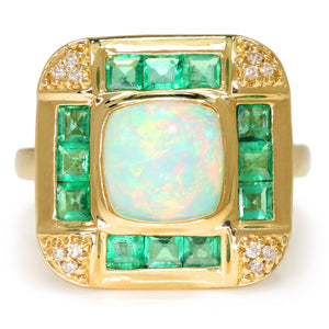Opal & Emerald Halo Ring with Diamonds 14Kt Yellow Gold 3.04ctw
