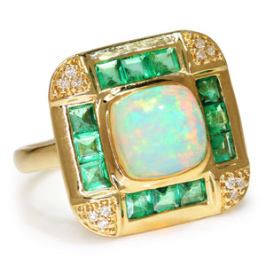 Opal & Emerald Halo Ring with Diamonds 14Kt Yellow Gold 3.04ctw
