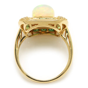 Opal & Emerald Halo Ring with Diamonds 14Kt Yellow Gold 3.04ctw