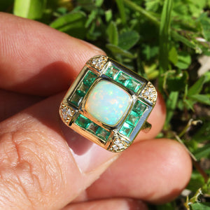 Opal & Emerald Halo Ring with Diamonds 14Kt Yellow Gold 3.04ctw