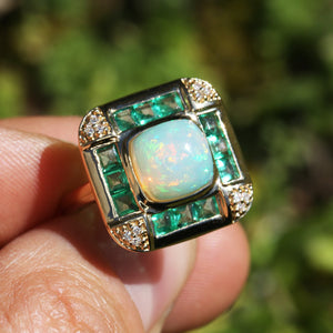 Opal & Emerald Halo Ring with Diamonds 14Kt Yellow Gold 3.04ctw