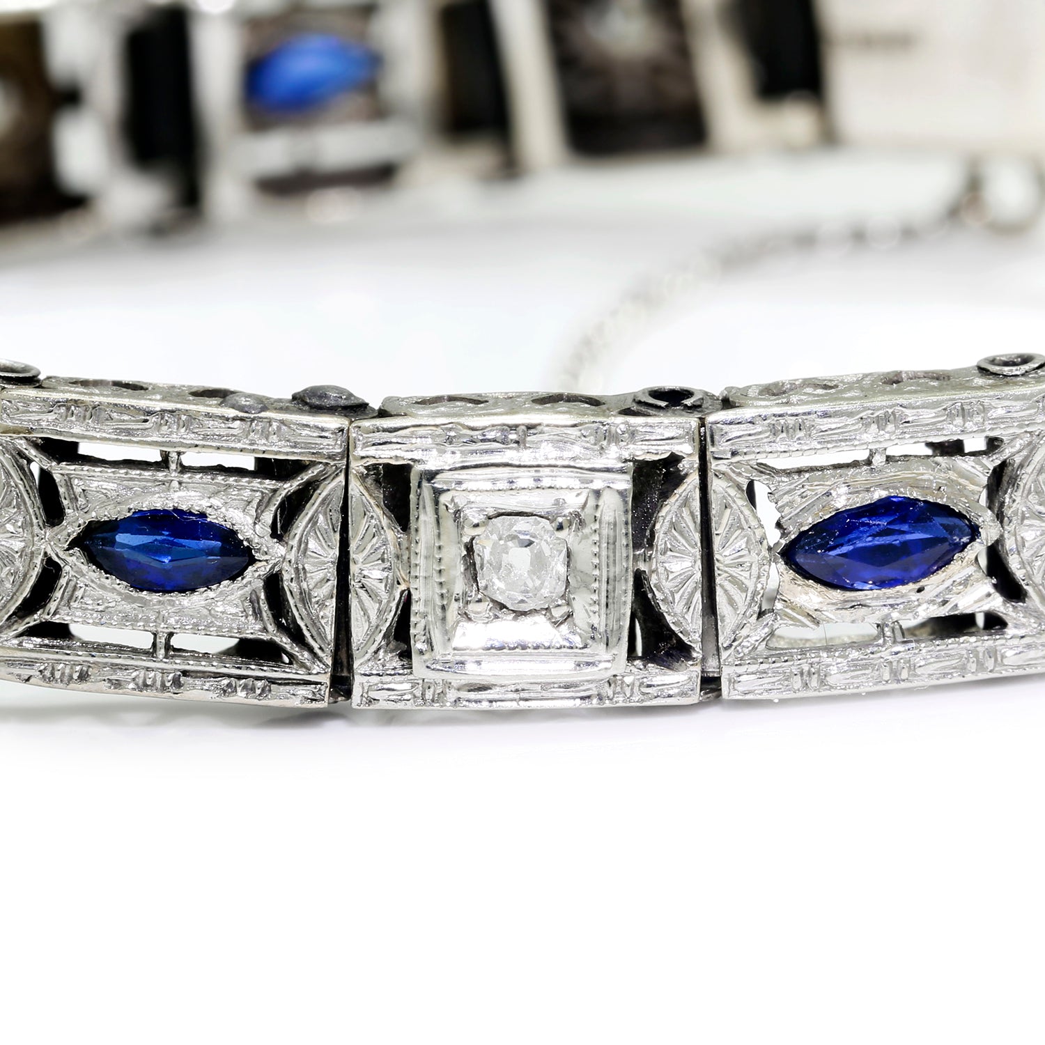 Once Upon A Diamond Bracelet White Gold & Silver Antique Art Deco Diamond Bracelet with Sapphires White Gold & Silver