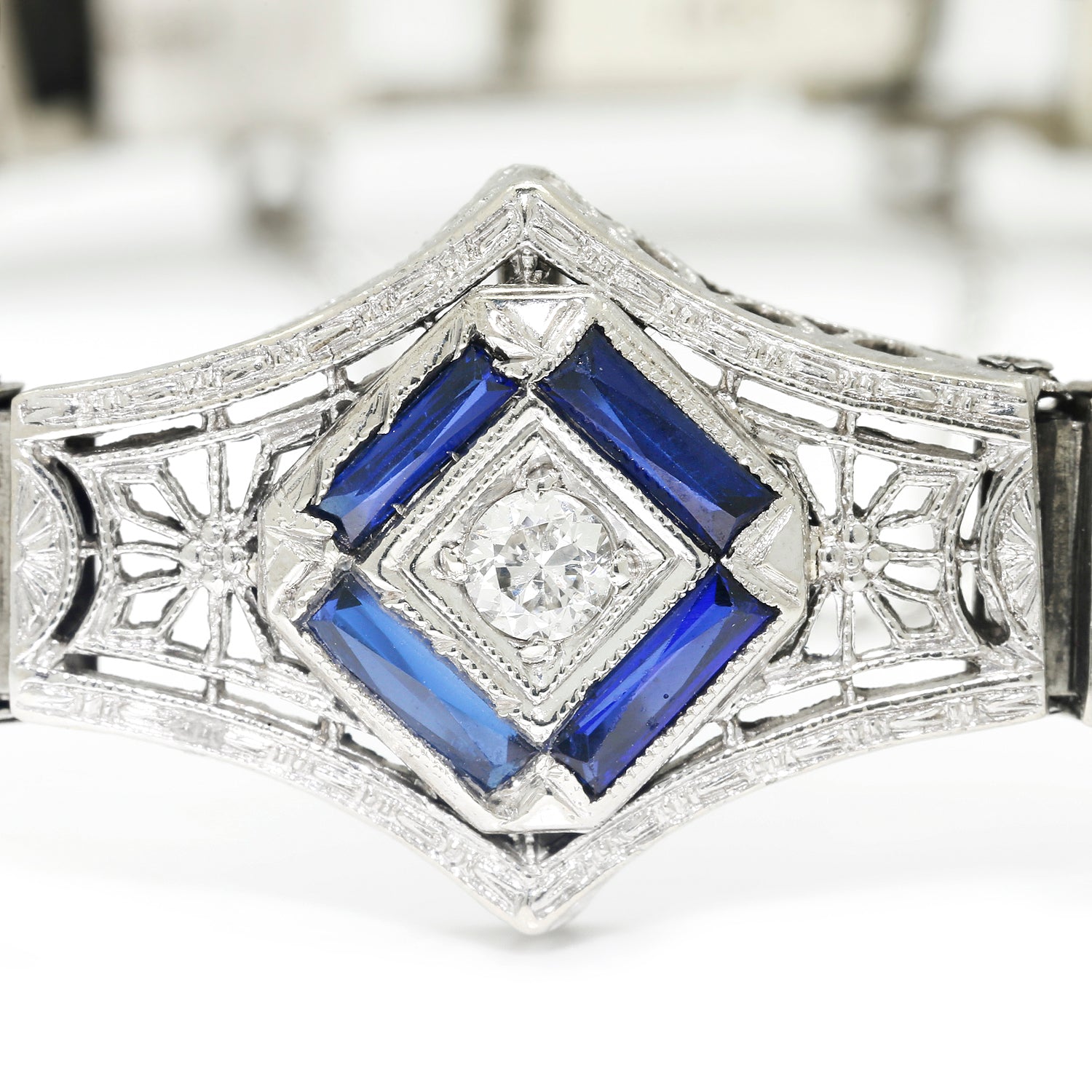 Once Upon A Diamond Bracelet White Gold & Silver Antique Art Deco Diamond Bracelet with Sapphires White Gold & Silver