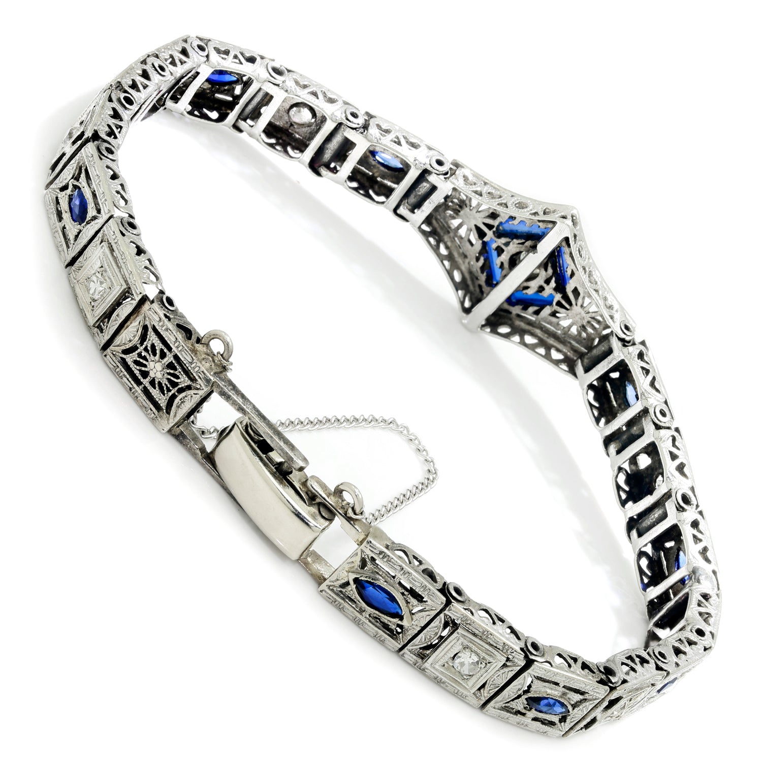 Once Upon A Diamond Bracelet White Gold & Silver Antique Art Deco Diamond Bracelet with Sapphires White Gold & Silver
