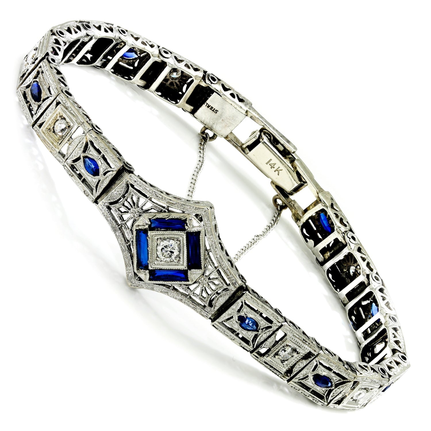 Once Upon A Diamond Bracelet White Gold & Silver Antique Art Deco Diamond Bracelet with Sapphires White Gold & Silver