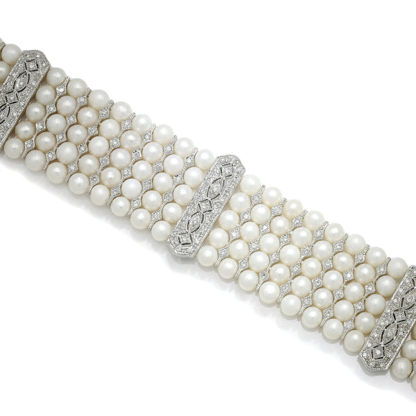 Vintage Multi-Row Pearl Bracelet with Diamonds 18K White Gold - Image 3