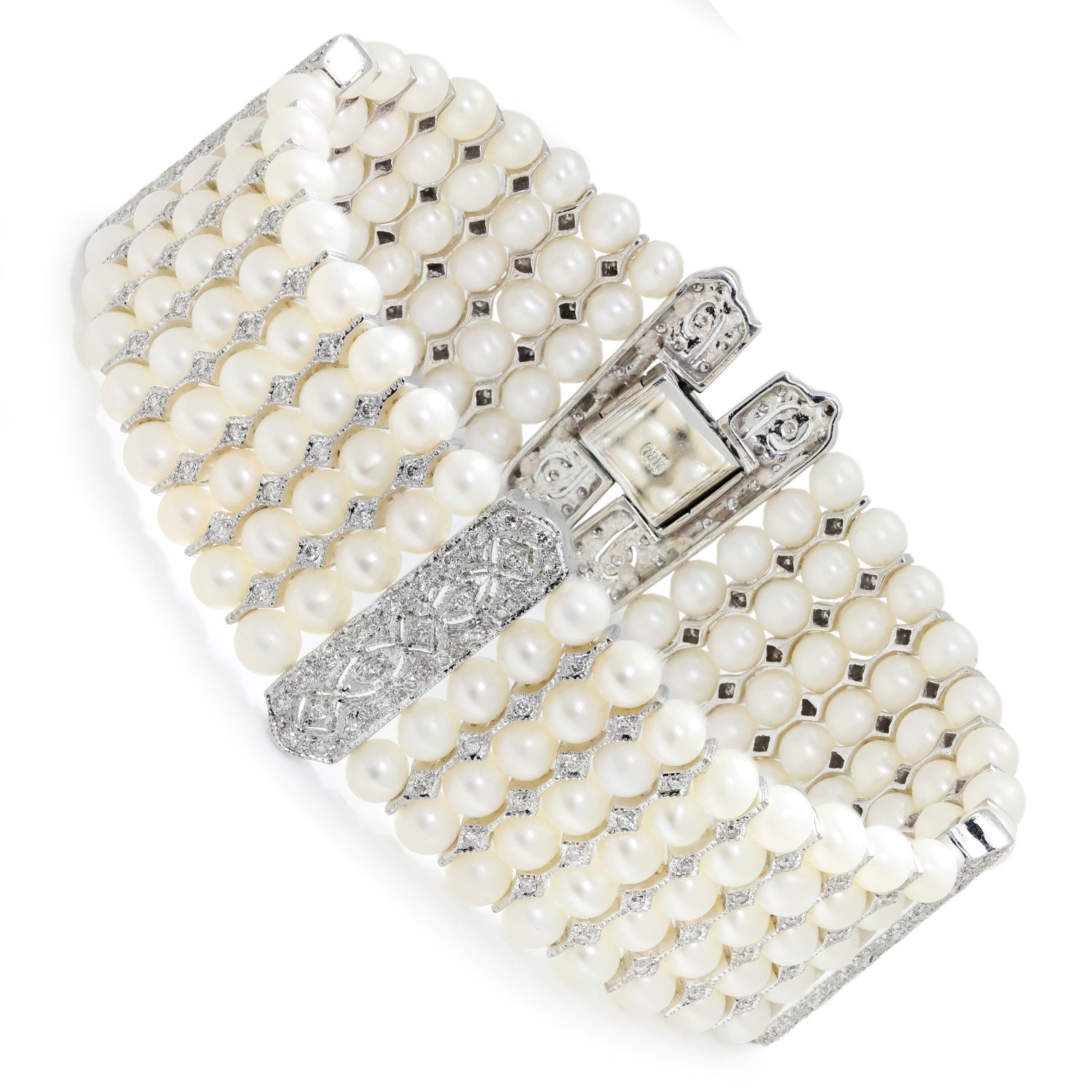 Once Upon A Diamond Bracelet White Gold Vintage Multi-Row Pearl Bracelet with Diamonds 18K White Gold