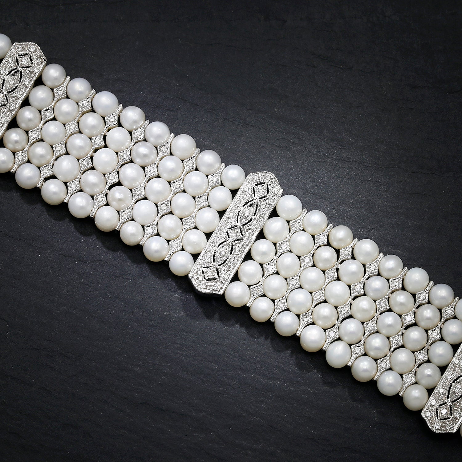 Once Upon A Diamond Bracelet White Gold Vintage Multi-Row Pearl Bracelet with Diamonds 18K White Gold