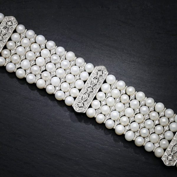 Vintage Multi-Row Pearl Bracelet with Diamonds 18K White Gold - Image 2
