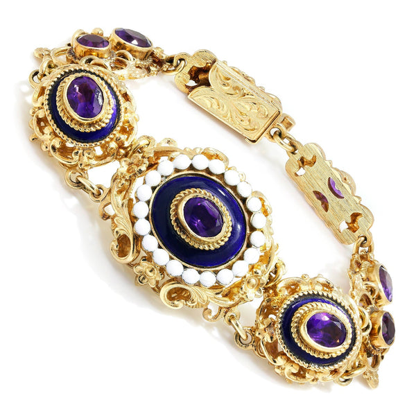 Once Upon A Diamond Bracelet White & Yellow Gold Antique Filigree Amethyst Link Bracelet with Enamel in Gold