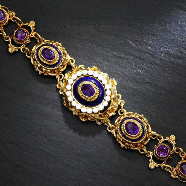 Antique Filigree Amethyst Link Bracelet with Enamel in Gold - Image 2