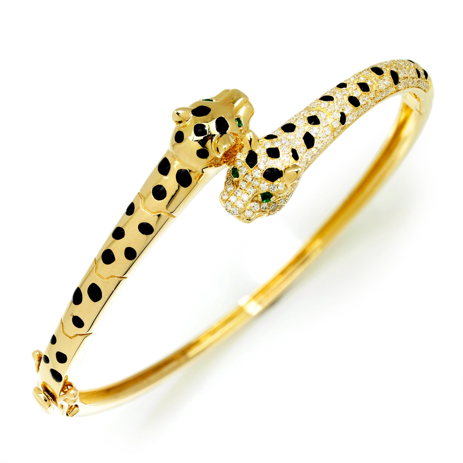 Once Upon A Diamond Bracelet Yellow Gold Diamond Panther Bangle with Emerald Eyes 14K Yellow Gold