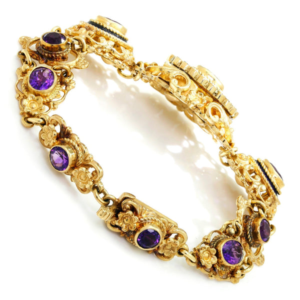 Antique Filigree Amethyst Link Bracelet with Enamel in Gold - Image 3