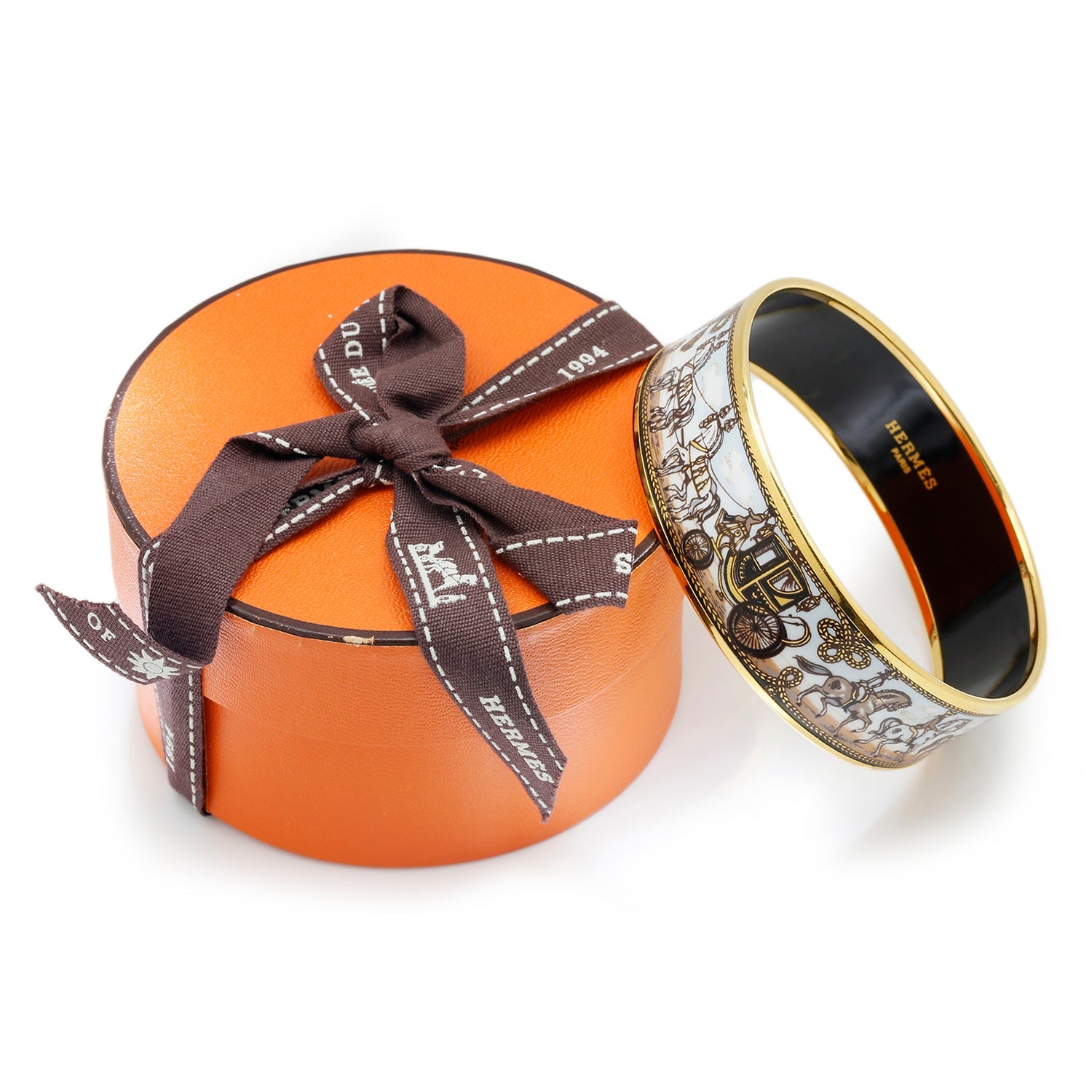 Once Upon A Diamond Bracelet Yellow Gold Hermes Stagecoach Horse & Carriage Bangle Bracelet with Box