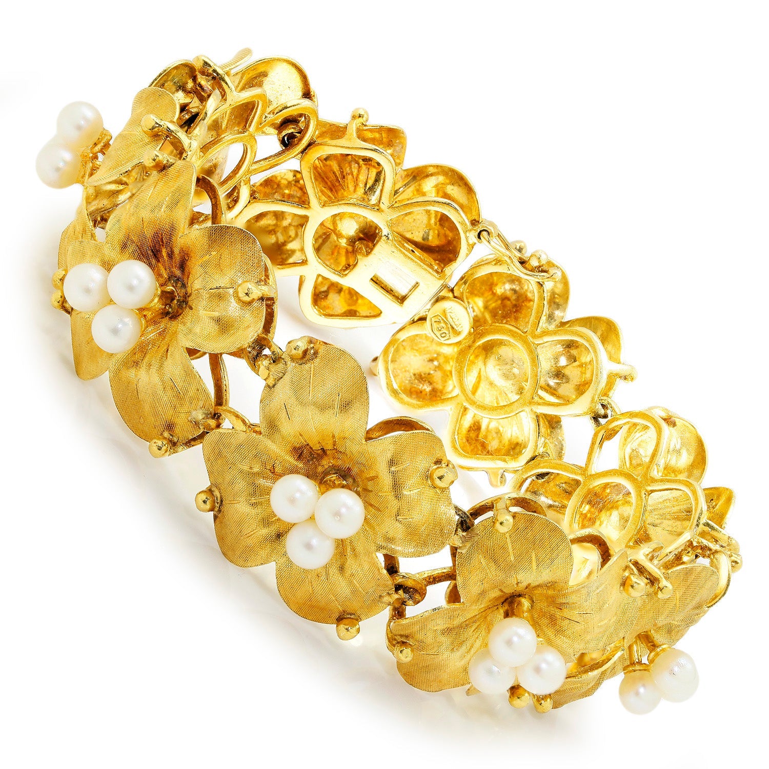 Once Upon A Diamond Bracelet Yellow Gold Pearl Flower Bracelet 18K Yellow Gold Florentine 6.75"