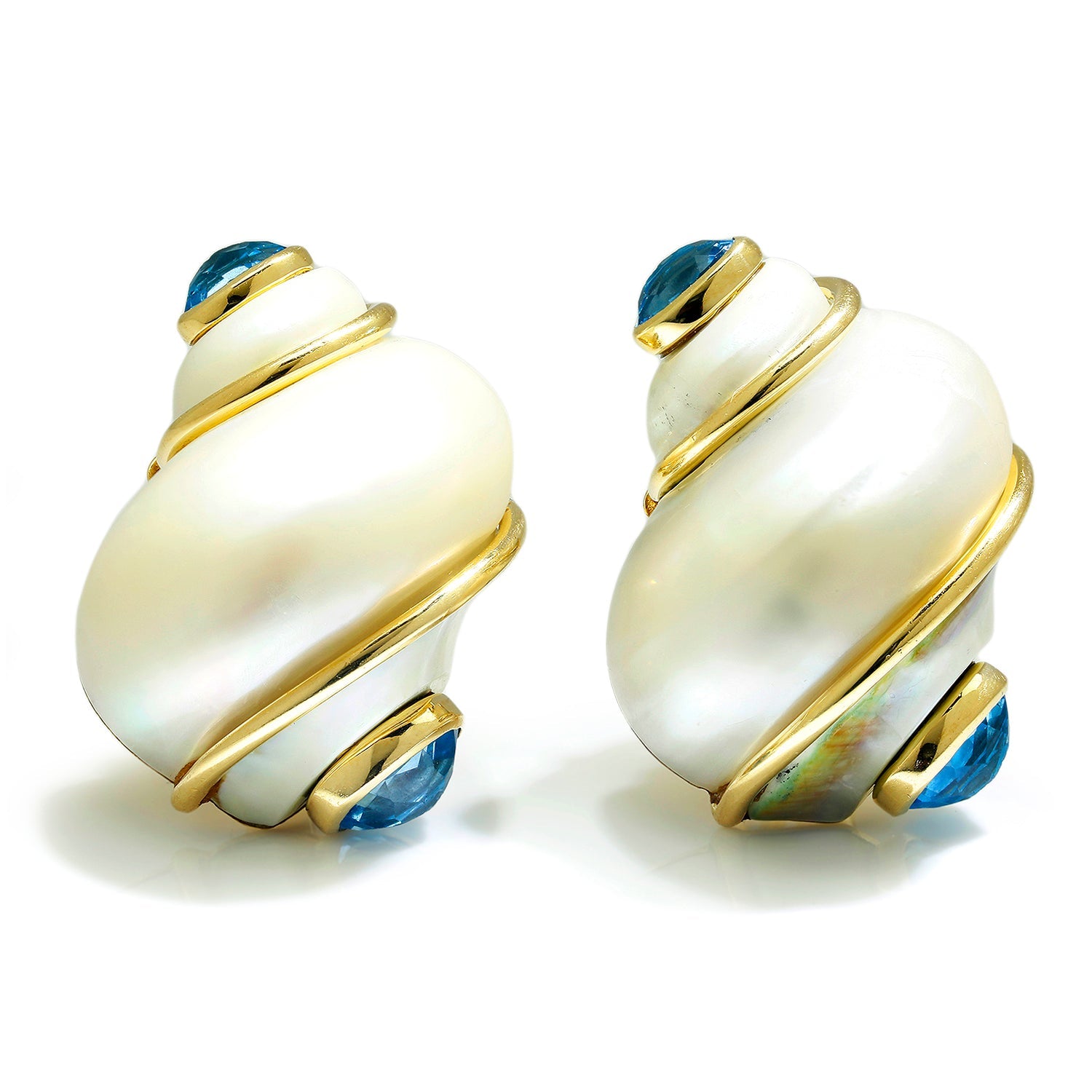 Once Upon A Diamond Bracelet Yellow Gold Seaman Schepps Turbo Shell Earrings in Blue Topaz Omega Earrings 18K