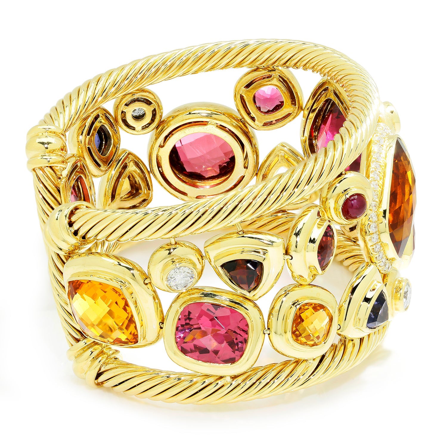 Once Upon A Diamond Bracelet Yellow Gold Signed #001 RARE David Yurman Mosaic Cuff 18K Diamonds & Gems