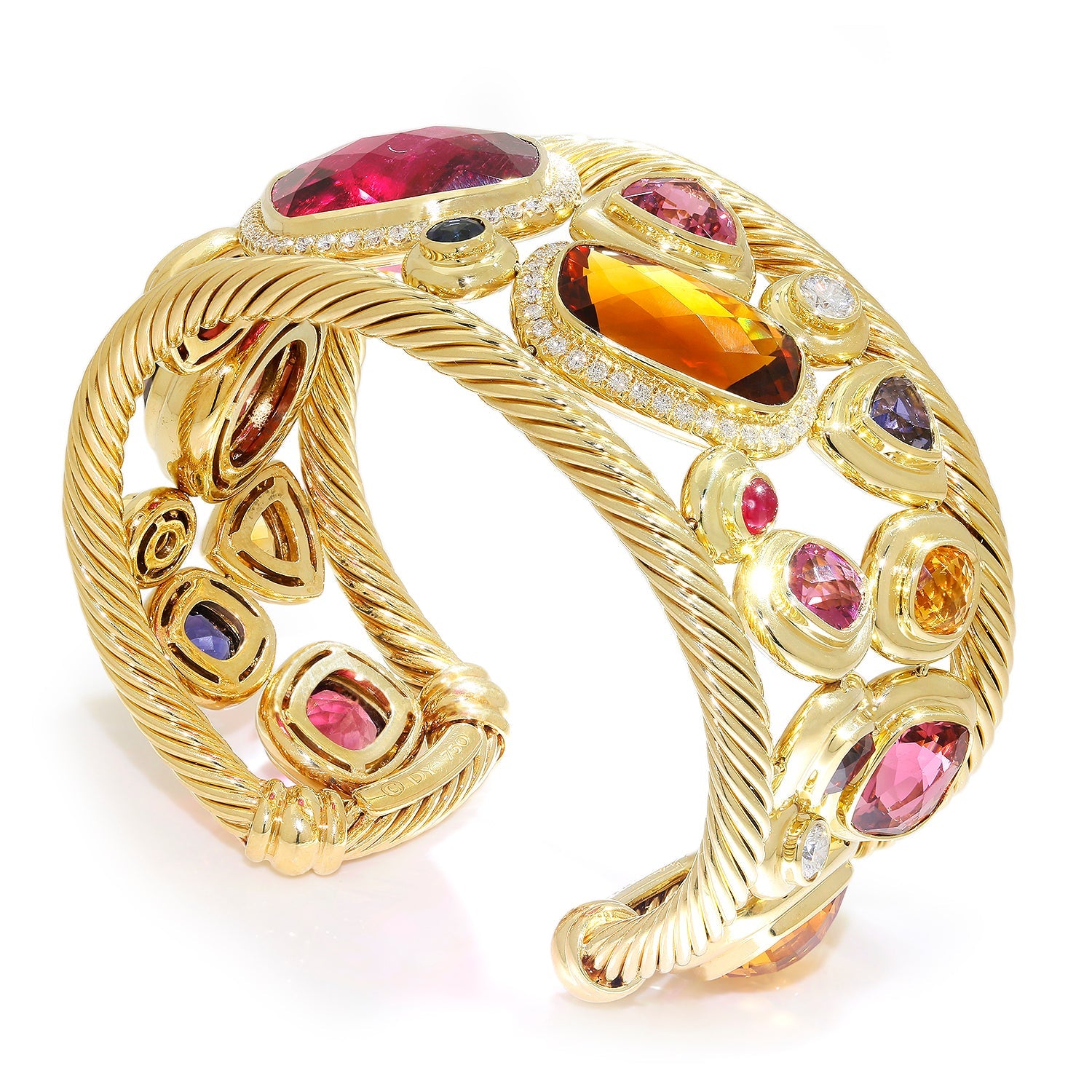Once Upon A Diamond Bracelet Yellow Gold Signed #001 RARE David Yurman Mosaic Cuff 18K Diamonds & Gems