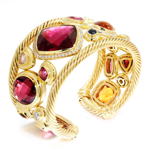 Once Upon A Diamond Bracelet Yellow Gold Signed #001 RARE David Yurman Mosaic Cuff 18K Diamonds & Gems