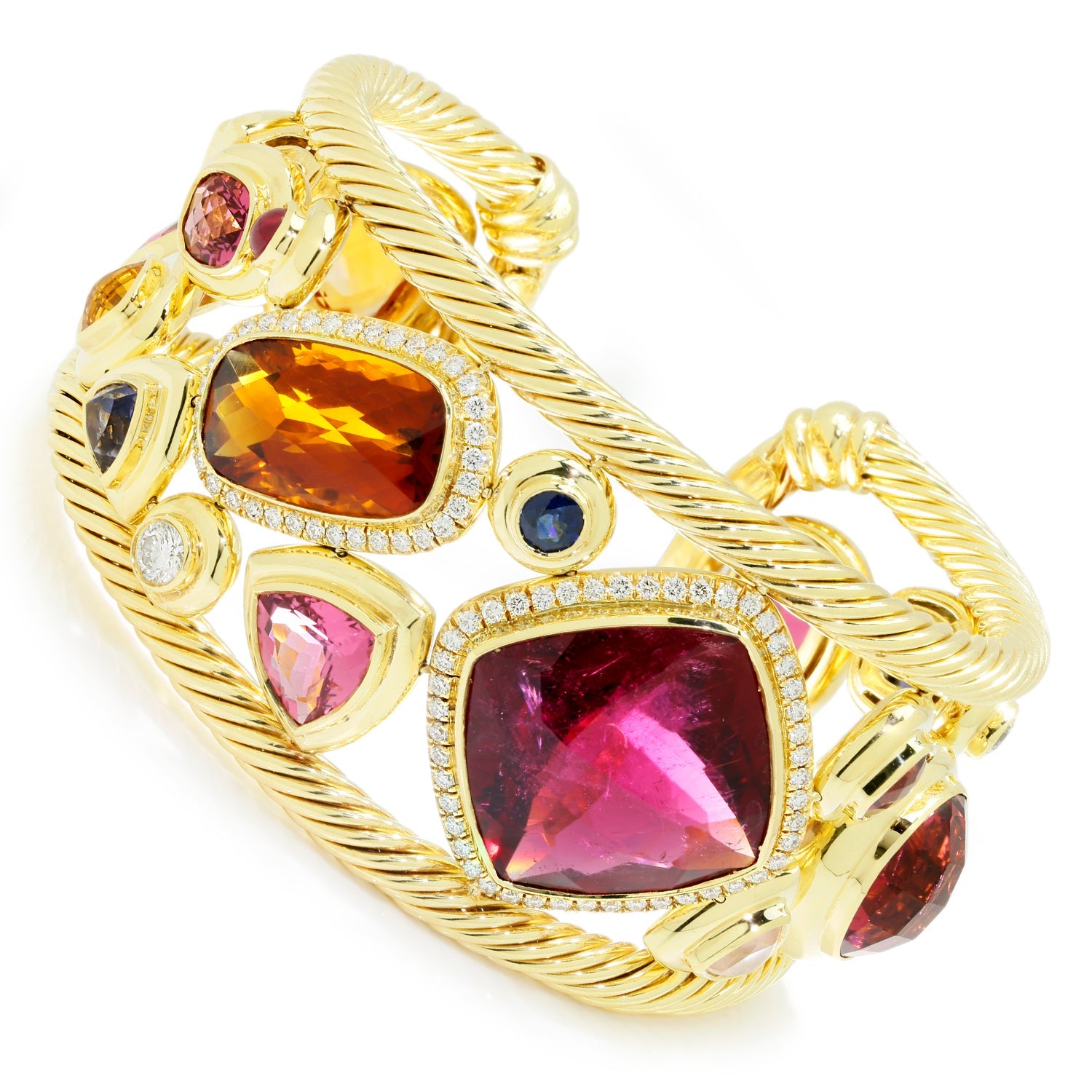 Once Upon A Diamond Bracelet Yellow Gold Signed #001 RARE David Yurman Mosaic Cuff 18K Diamonds & Gems