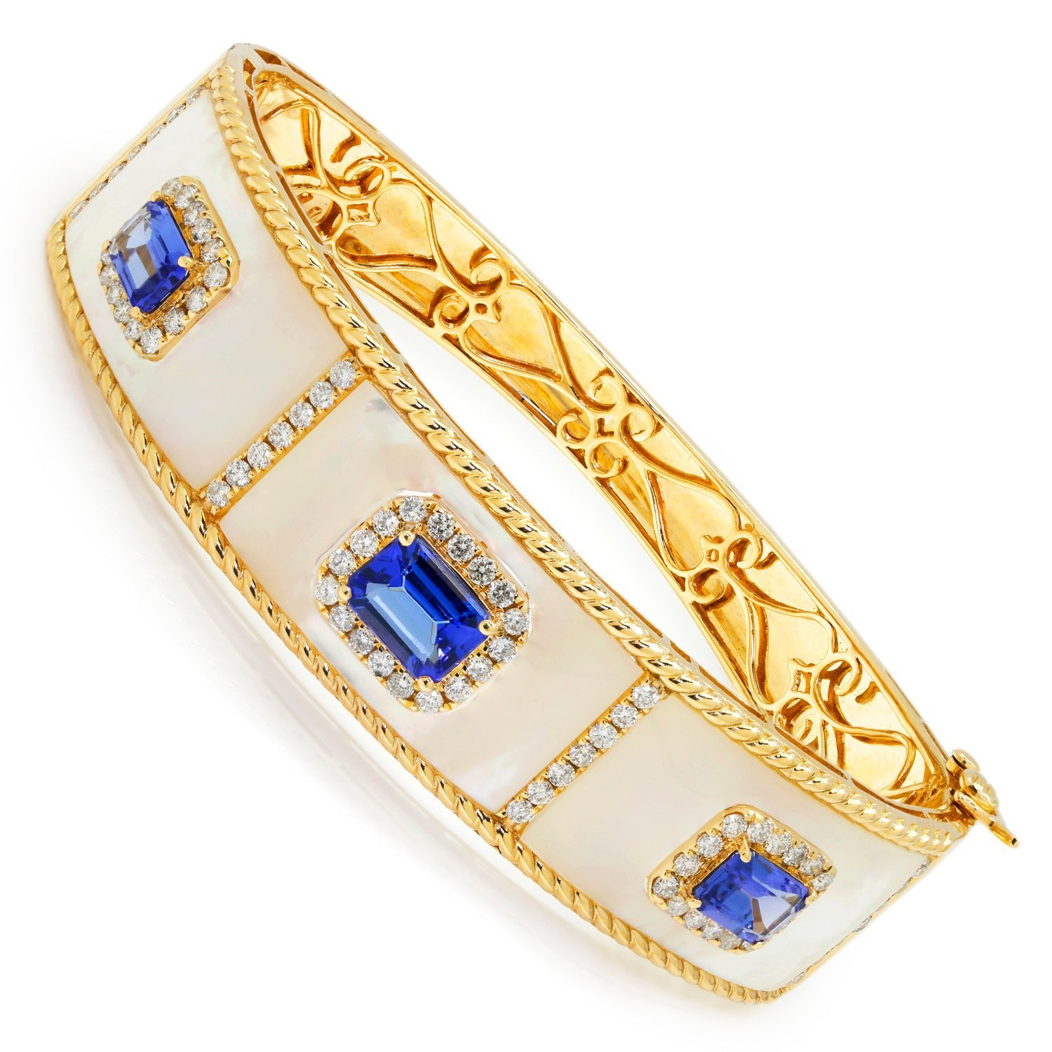Once Upon A Diamond Bracelet Yellow Gold Triple Tanzanite Gold Bangle with Diamonds in Mother of Pearl