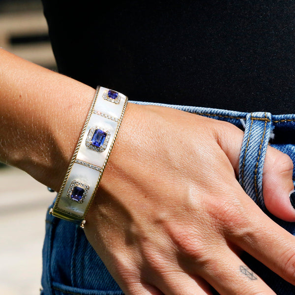 Triple Tanzanite Gold Bangle with Diamonds in Mother of Pearl - Image 3