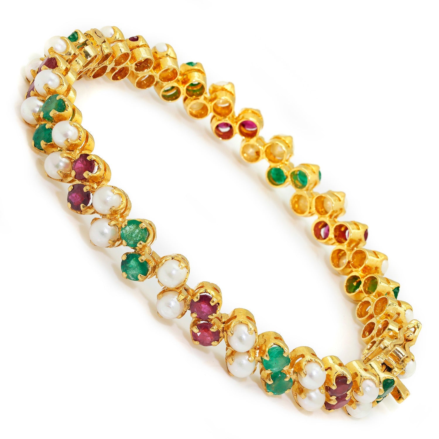 Once Upon A Diamond Bracelet Yellow Gold Vintage 18Kt Gold Bangle with Pearls, Emeralds, & Rubies