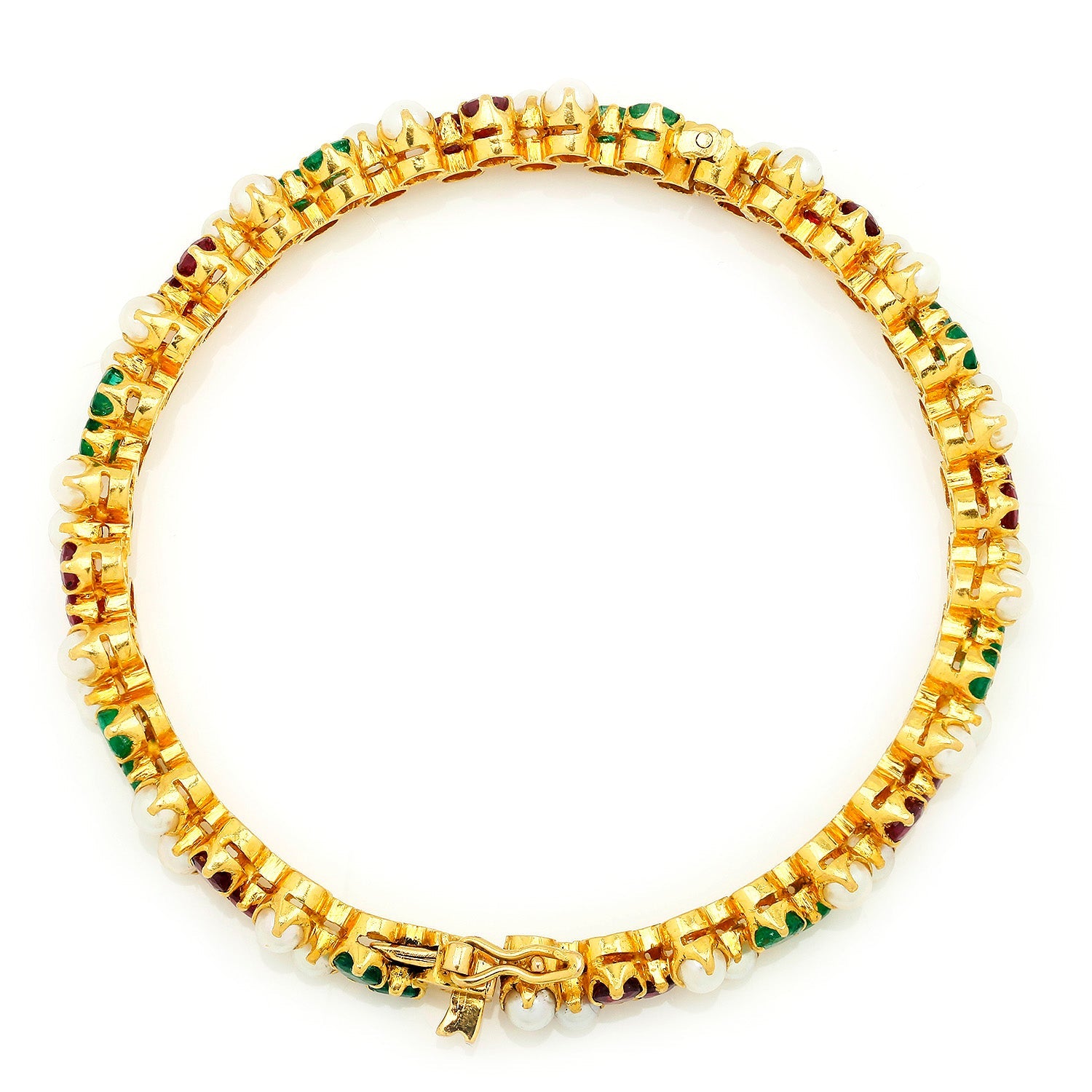 Once Upon A Diamond Bracelet Yellow Gold Vintage 18Kt Gold Bangle with Pearls, Emeralds, & Rubies