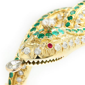 Once Upon A Diamond Bracelet Yellow Gold Vintage Coiled Snake Bangle with Diamonds, Emeralds & Rubies 18K