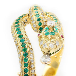 Once Upon A Diamond Bracelet Yellow Gold Vintage Coiled Snake Bangle with Diamonds, Emeralds & Rubies 18K