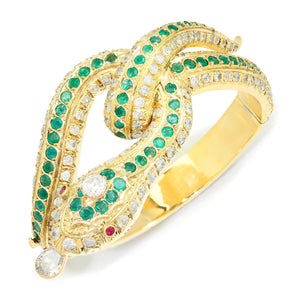 Once Upon A Diamond Bracelet Yellow Gold Vintage Coiled Snake Bangle with Diamonds, Emeralds & Rubies 18K