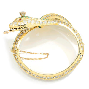 Once Upon A Diamond Bracelet Yellow Gold Vintage Coiled Snake Bangle with Diamonds, Emeralds & Rubies 18K