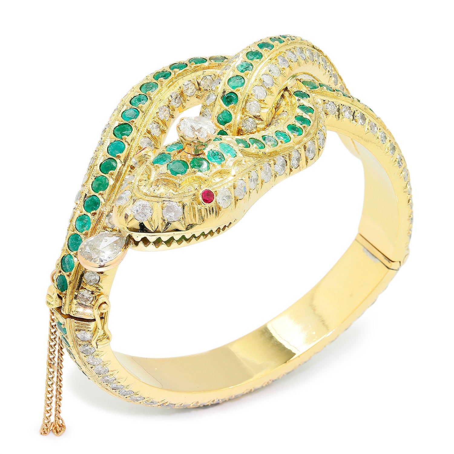 Once Upon A Diamond Bracelet Yellow Gold Vintage Coiled Snake Bangle with Diamonds, Emeralds & Rubies 18K