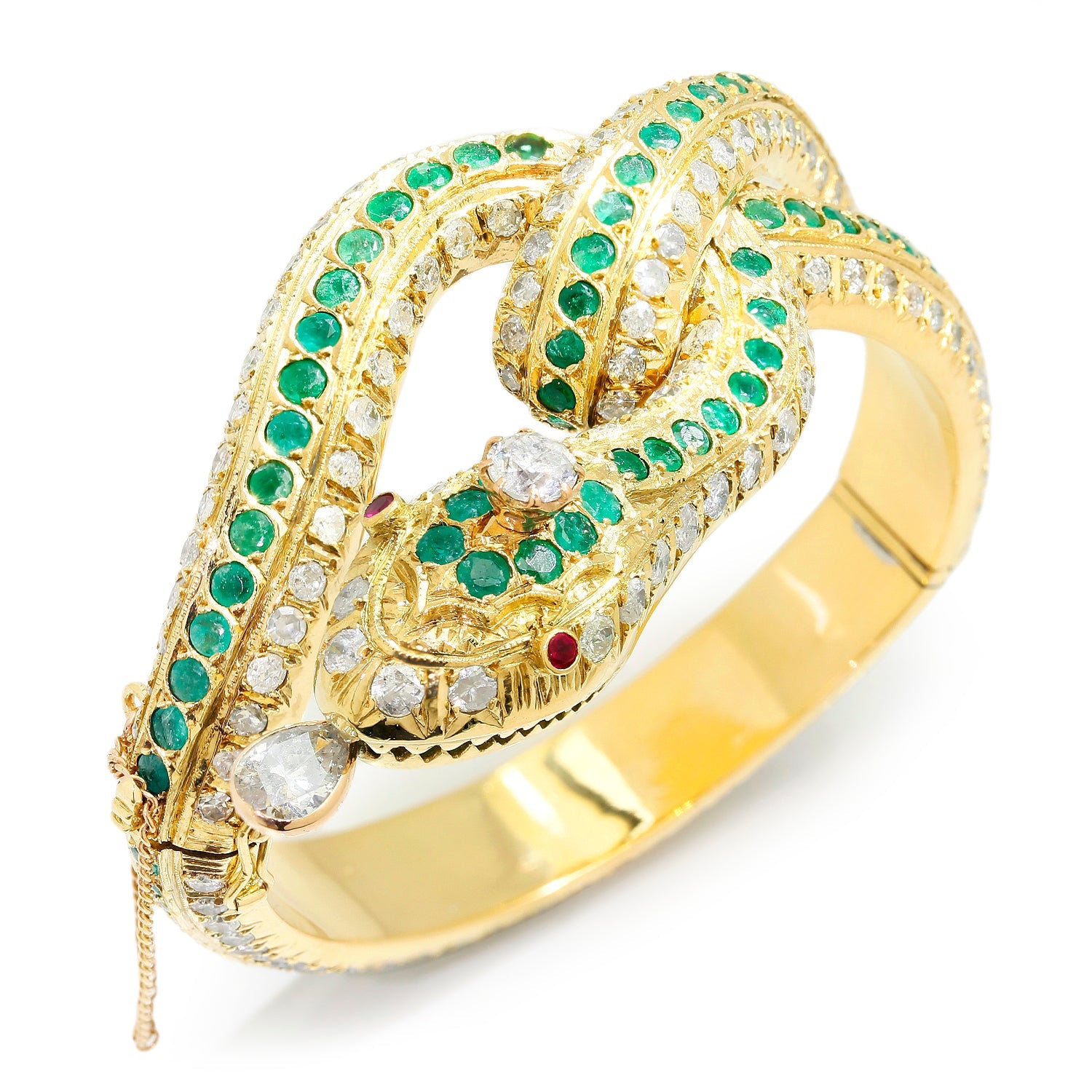 Once Upon A Diamond Bracelet Yellow Gold Vintage Coiled Snake Bangle with Diamonds, Emeralds & Rubies 18K