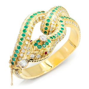 Once Upon A Diamond Bracelet Yellow Gold Vintage Coiled Snake Bangle with Diamonds, Emeralds & Rubies 18K