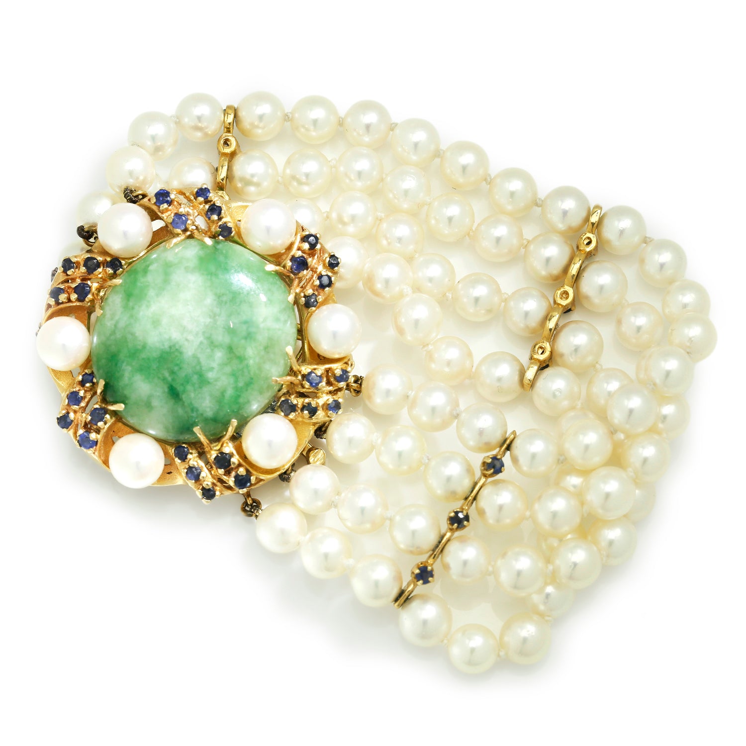 Once Upon A Diamond Bracelet Yellow Gold Vintage Jade Bracelet with Pearls and Sapphires in Yellow Gold