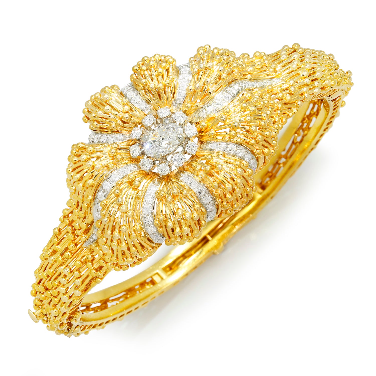 Once Upon A Diamond Bracelet Yellow & White Gold GIA Certified Vintage Diamond Bangle with Accents 18K Gold 2.00ctw