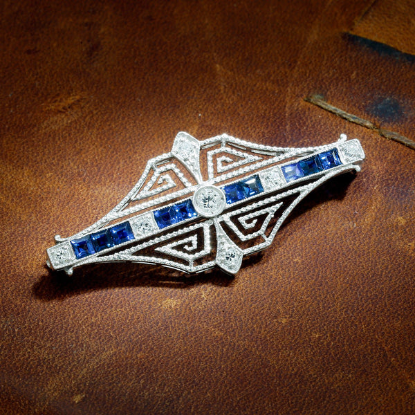 Platinum Art Deco Diamond Brooch Pin with Sapphires Vintage - Image 2