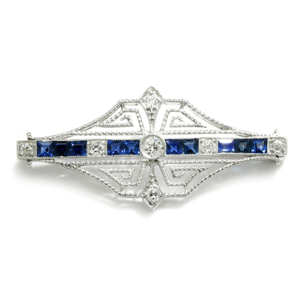 Platinum Art Deco Diamond Brooch Pin with Sapphires Vintage - Image 3