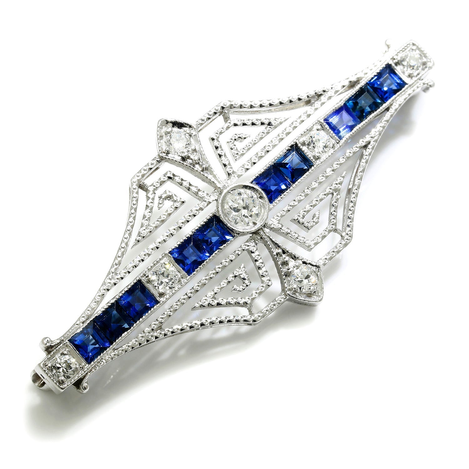 Once Upon A Diamond Brooch Platinum Platinum Art Deco Diamond Brooch Pin with Sapphires Vintage