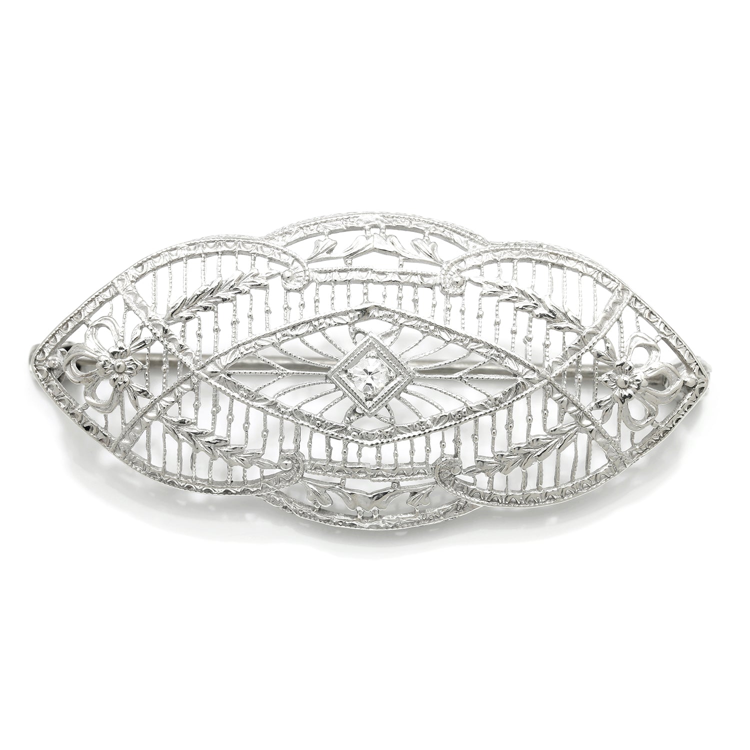 Once Upon A Diamond Brooch White Gold Antique Open Filigree Solitaire Diamond Bar Pin 14K White Gold