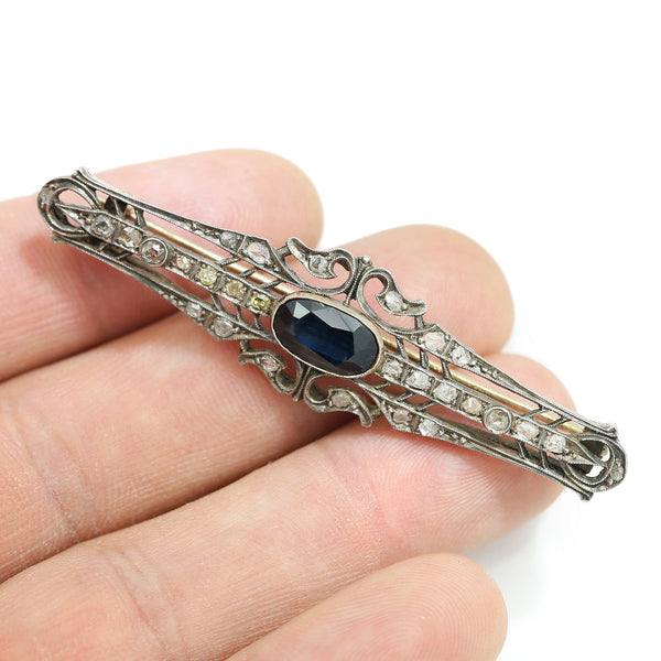 Antique Sapphire & Diamond Open Filigree Brooch Pin 925 14K - Image 3