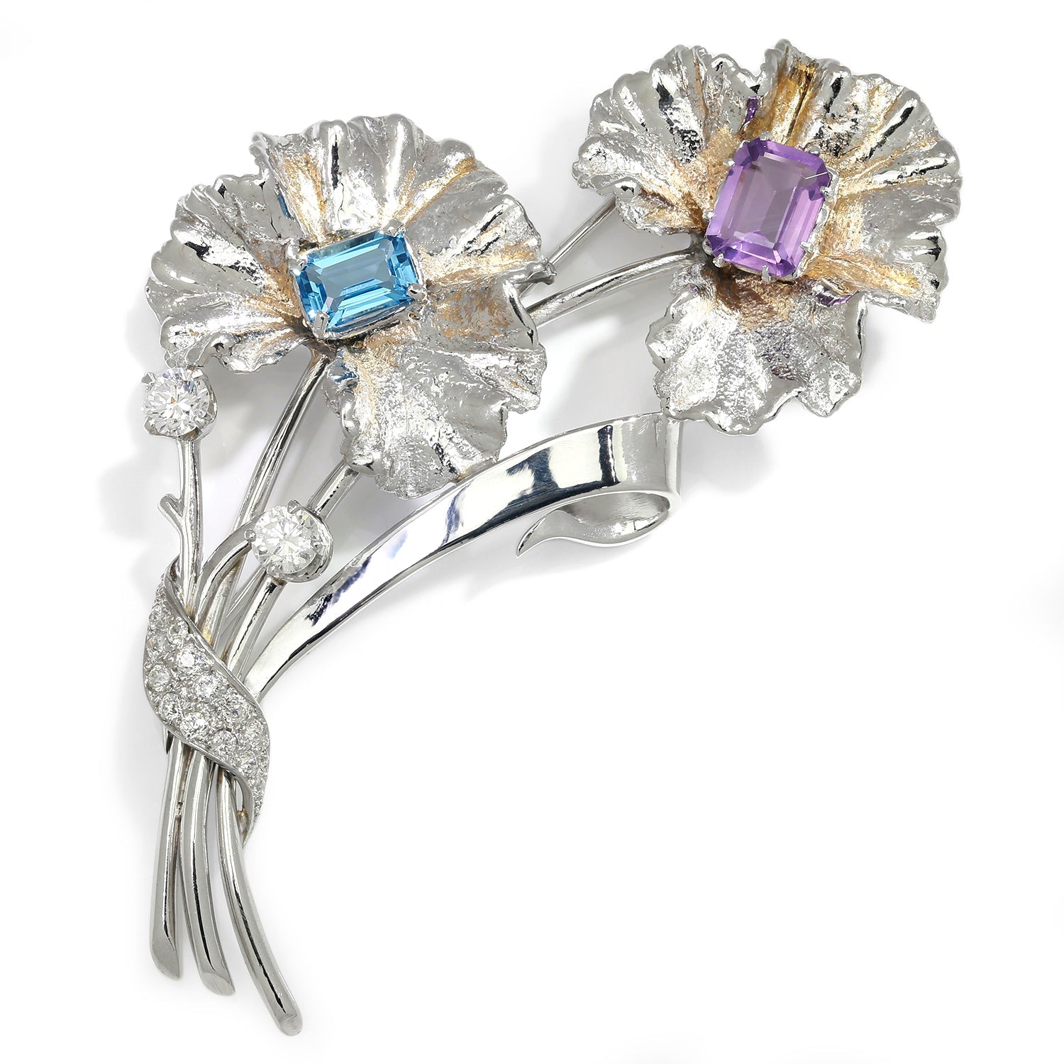 Once Upon A Diamond Brooch White Gold Topaz and Amethyst Flower Brooch Pin with Diamonds White Gold