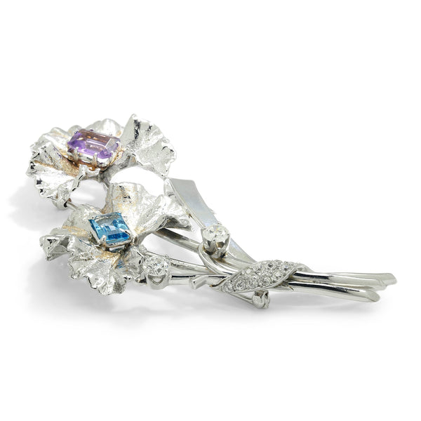 Topaz and Amethyst Flower Brooch Pin with Diamonds White Gold - Image 3